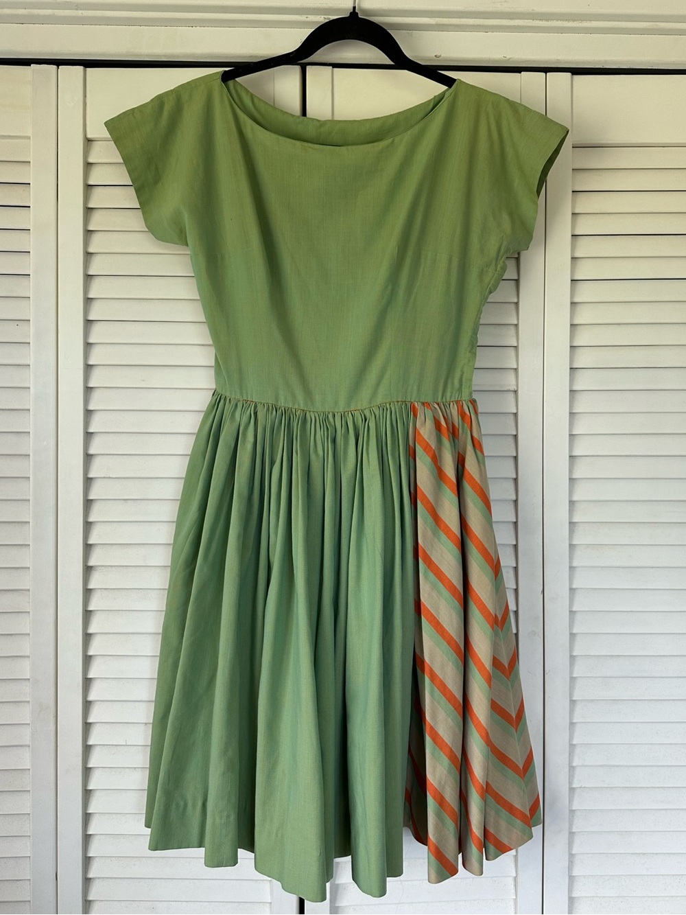 Vintage Handmade Sage Green Casual Dress with Orange Stripe Accent